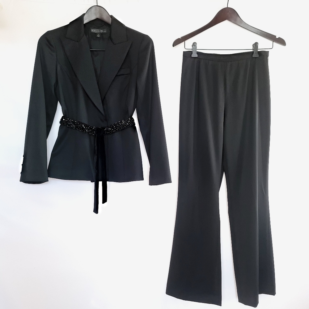 Lafayette 148 New York Black Two-Piece Pantsuit with Beaded Belt